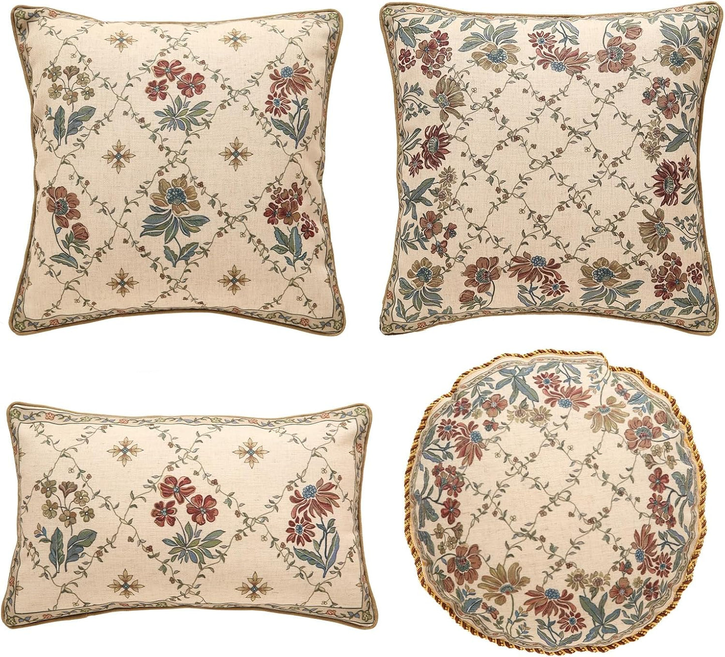 patdrea Designer Throw Pillow Covers Set of 4,Euro Vintage Light Brown Linen with Floral Collection