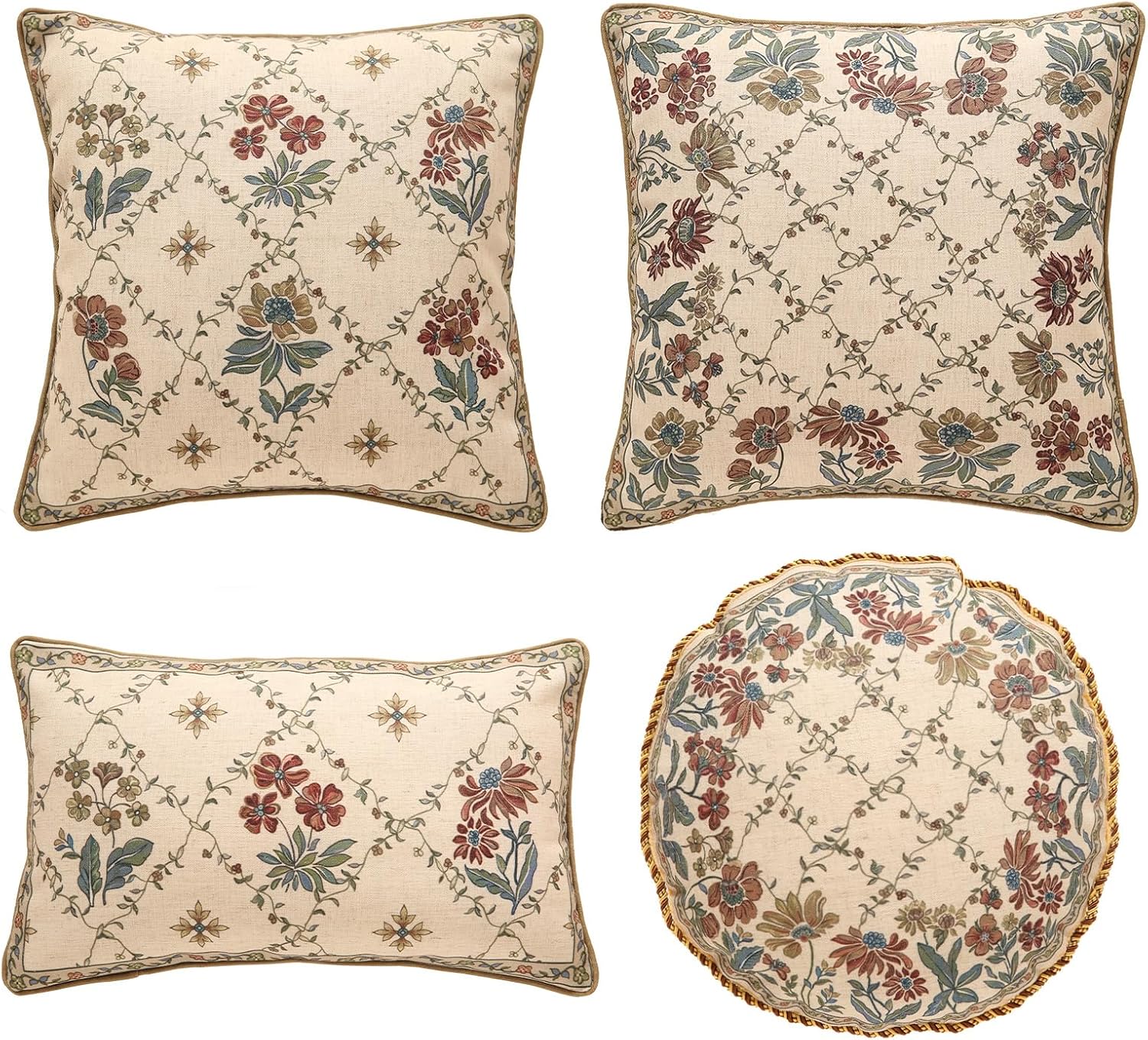 patdrea Designer Throw Pillow Covers Set of 4,Euro Vintage Light Brown Linen with Floral Collection