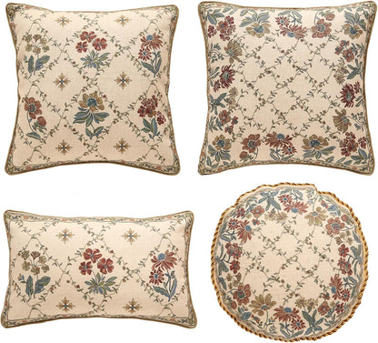 patdrea Designer Throw Pillow Covers Set of 4,Euro Vintage Light Brown Linen with Floral Collection