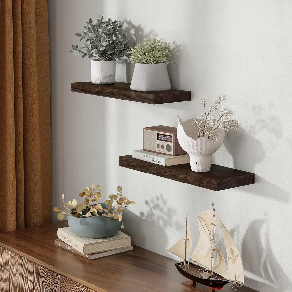 Wood Floating Shelves for Wall, 24" Floating Shelves Wall Mounted, Rustic Old Elm Wood Shelves for