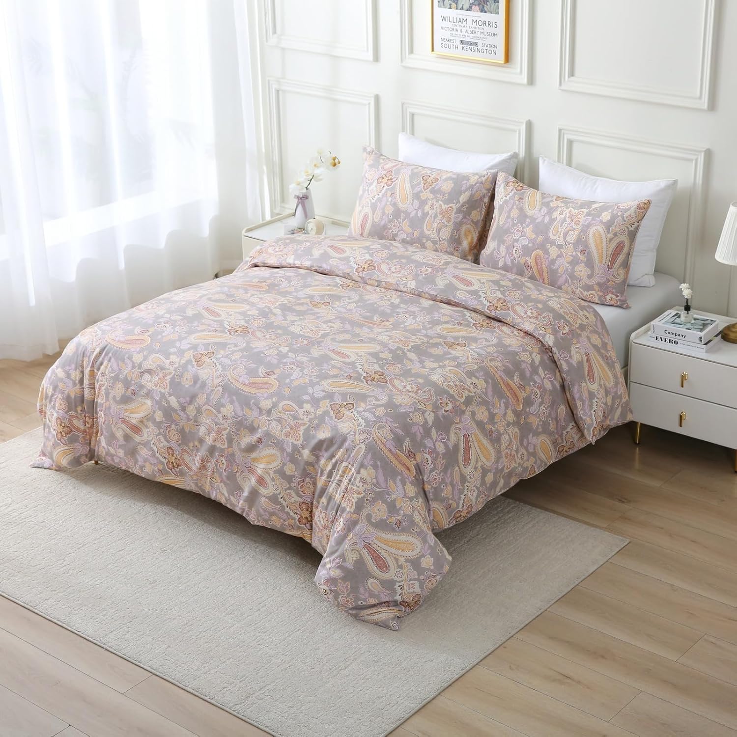 ABREEZE Paisley Bedding Sets 3Pcs Brushed Cotton Duvet Cover Set Queen Size Rustic Damask Gold