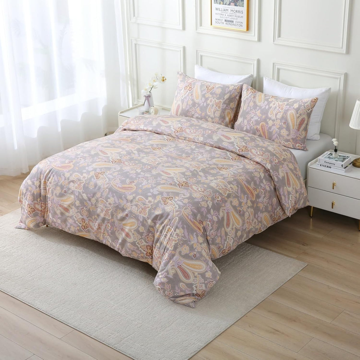 ABREEZE Paisley Bedding Sets 3Pcs Brushed Cotton Duvet Cover Set King Size Rustic Damask Gold