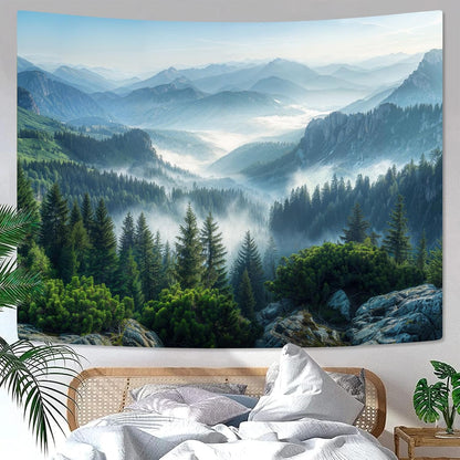AMM Nature Forest Mountain Tapestry Green Misty Pine Tree Tapestry for Bedroom Aesthetic Foggy