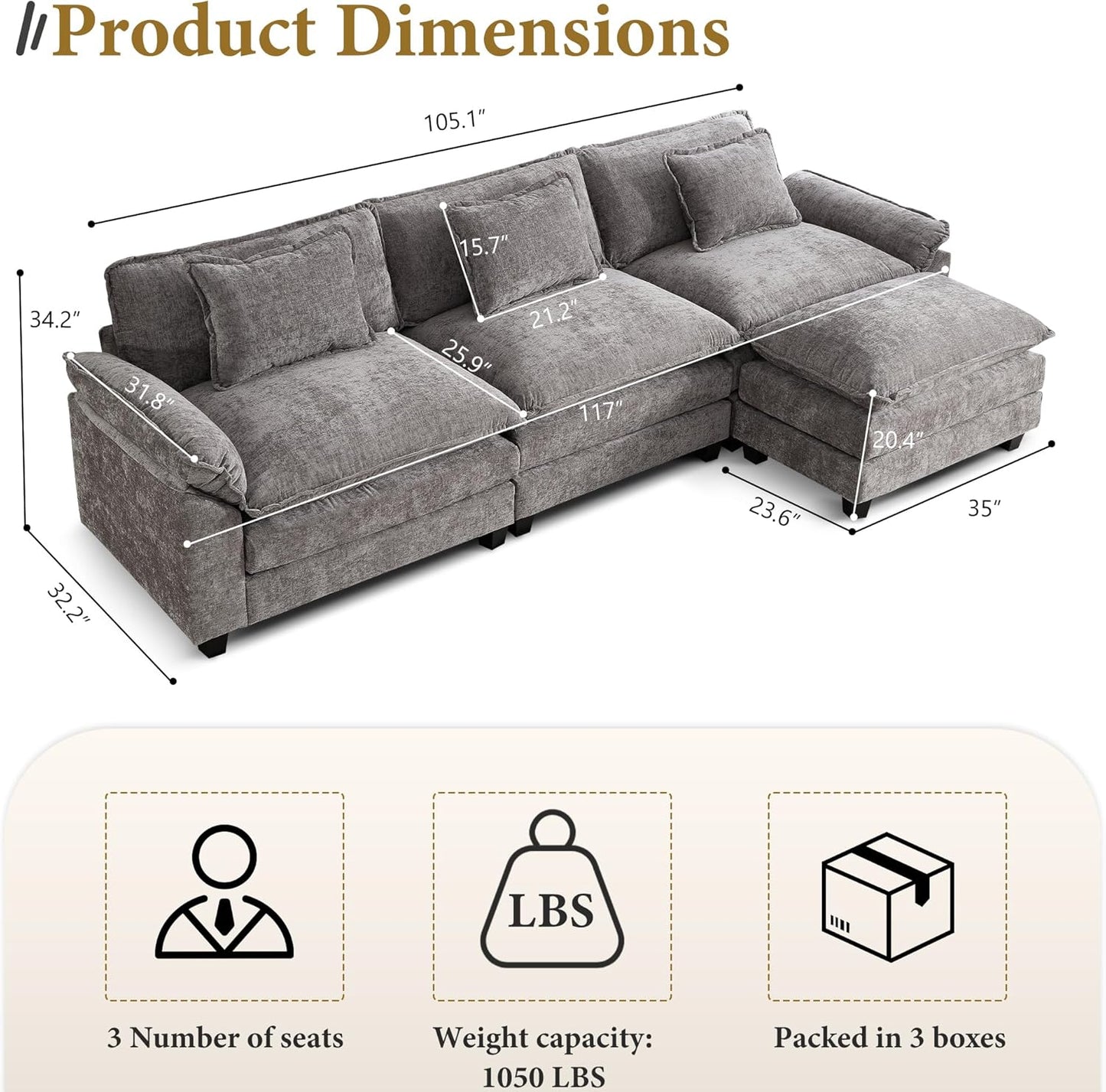 URRED Modular Sectional Sofa Comfy Cloud Couch, Modern Chenille Sofa Sleeper Deep Seat Couches with