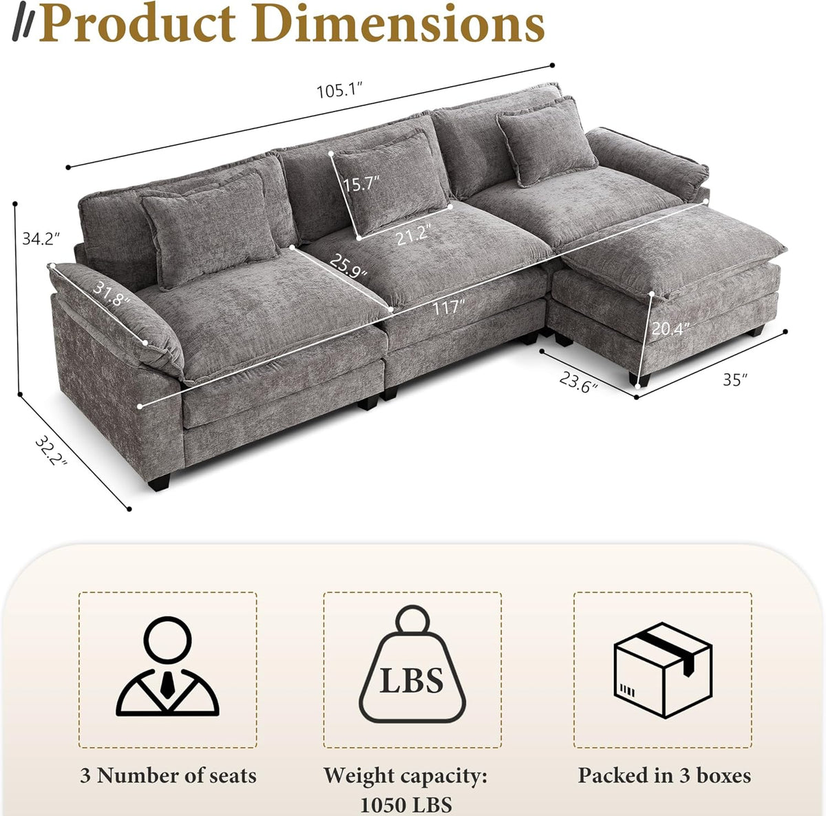 URRED Modular Sectional Sofa Comfy Cloud Couch, Modern Chenille Sofa Sleeper Deep Seat Couches with
