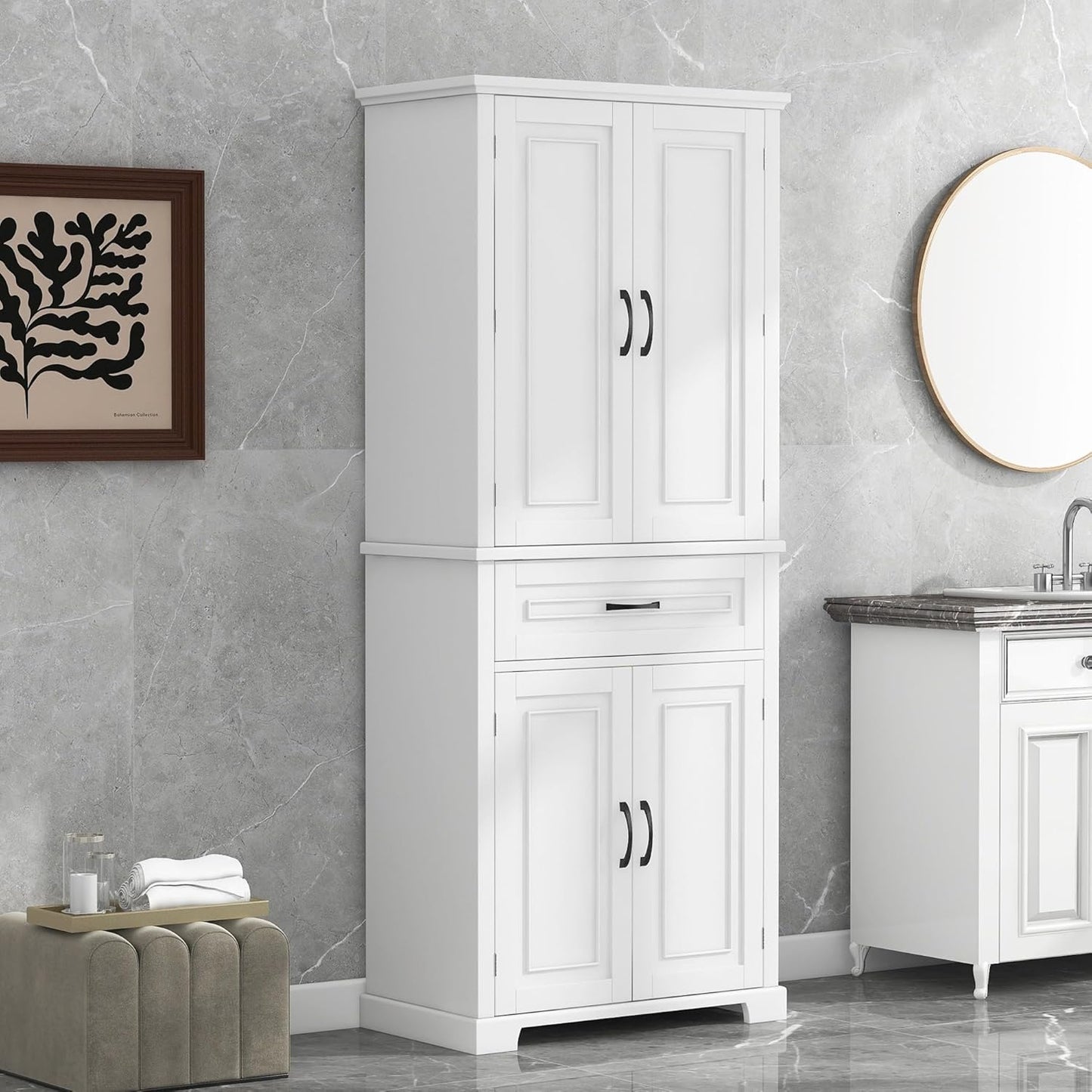 72.2" Tall Storage Cabinet with 4 Doors and Drawer, Freestanding Linen Cabinet, Wooden Pantry with