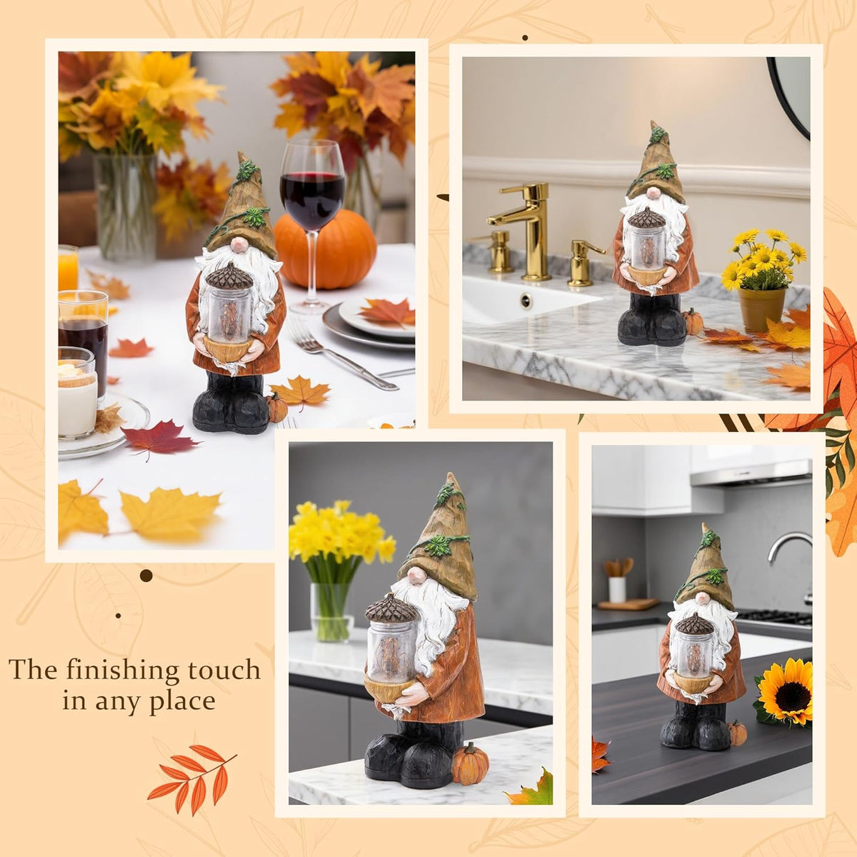 Topadorn Fall Garden Gnome Statue Light, Autumn Harvest Gnome Figurine with Pine Cone on Hand for