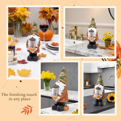 Topadorn Fall Garden Gnome Statue Light, Autumn Harvest Gnome Figurine with Pine Cone on Hand for