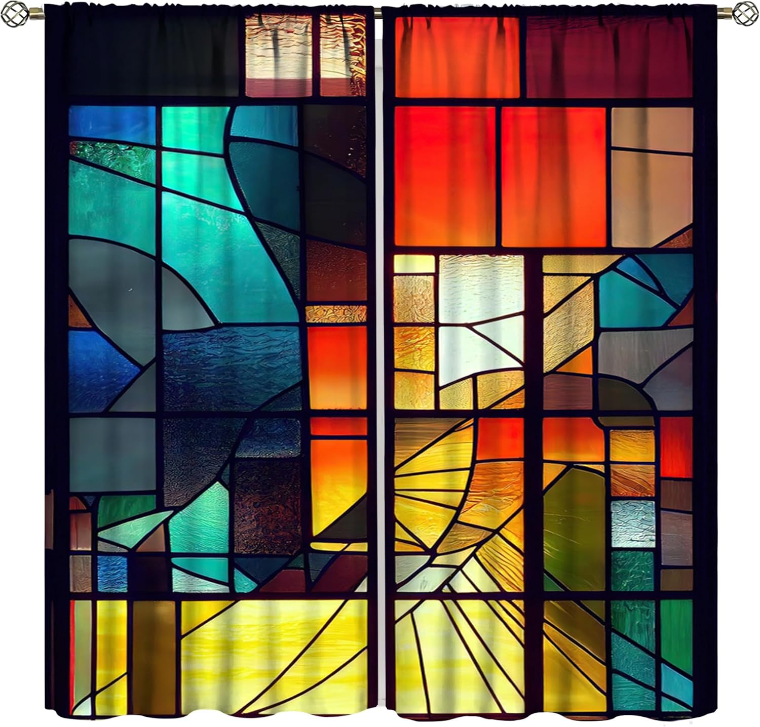 Stained Glass Curtains,Retro Abstract Colorful Geometry Textures Art Home Decor Drapes for Bedroom