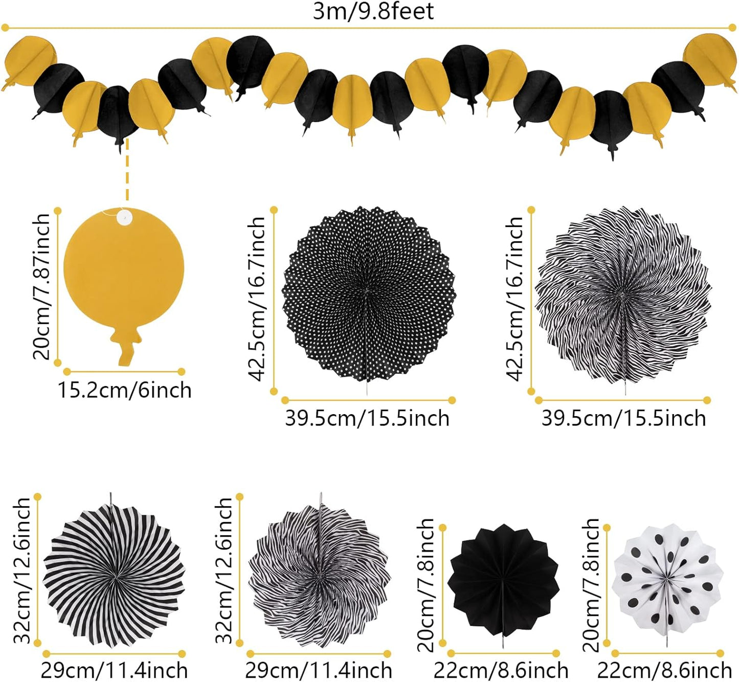 Black and Gold Decorations, Paper Pompoms Fan for Graduation Birthday Wedding Prom Night New Years