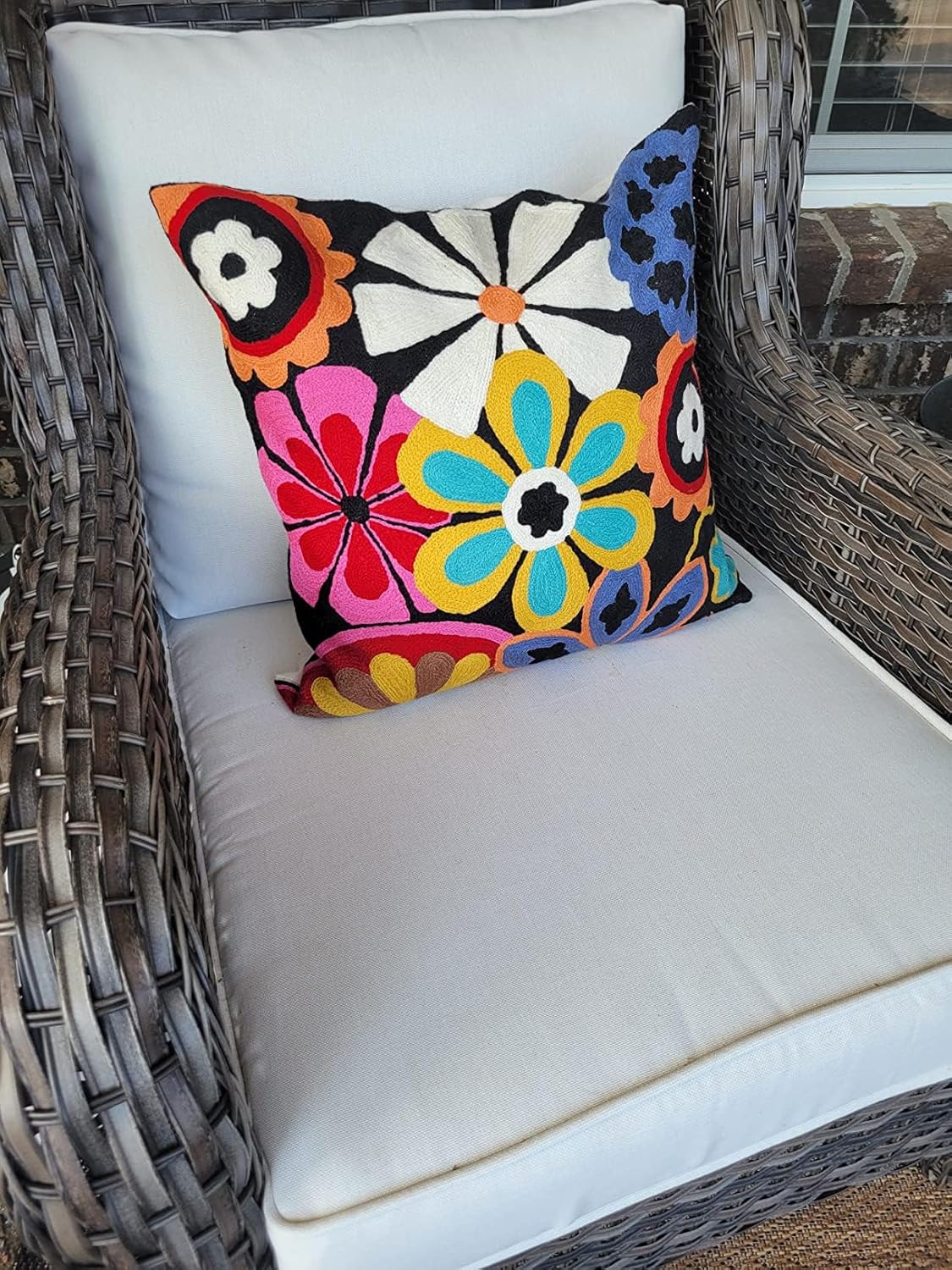 Modern Black Daisy Floral Pillow Cover Accent Flower Traditional Pillowcase Hand Embroidered