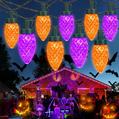 2PK 100 LED Purple and Orange C9 Halloween Lights Indoor Outdoor, Extendable 98FT C9 String Lights