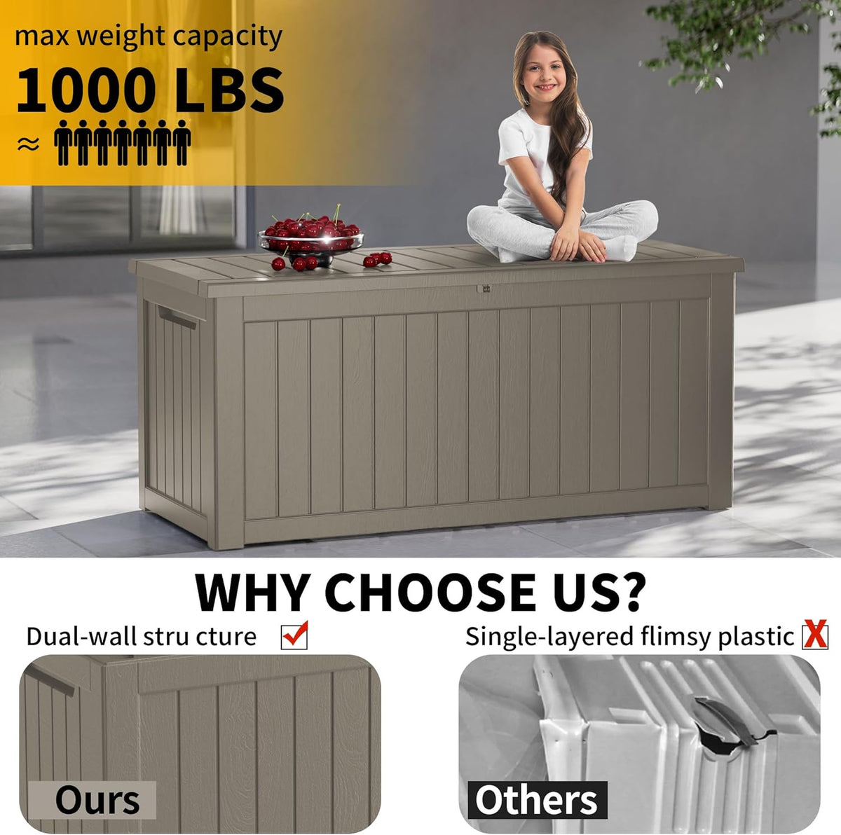 270 Gallon Outdoor Storage Box Patio Deck Box Waterproof, Resin Lockable Outside Large Storage Bin