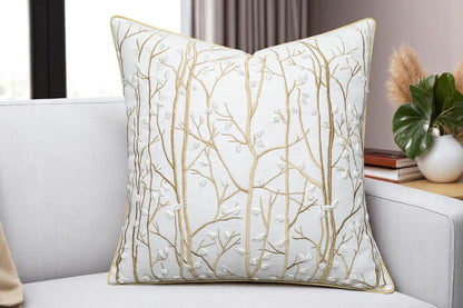VAGMINE Embroidered Forest Throw Pillow Cover - 20x20 Inches Square - 100% Cotton Ivory Decorative