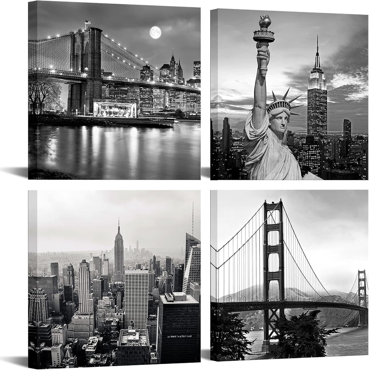 LevvArts Black and White City Wall Art Modern Brooklyn Bridge Picture Prints US Cityscape Canvas