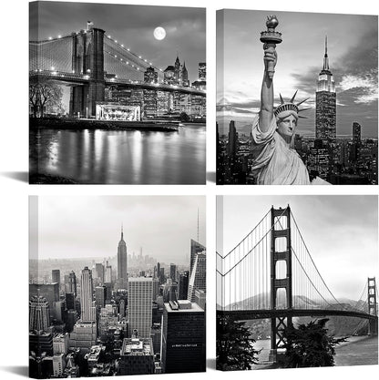 LevvArts Black and White City Wall Art Modern Brooklyn Bridge Picture Prints US Cityscape Canvas