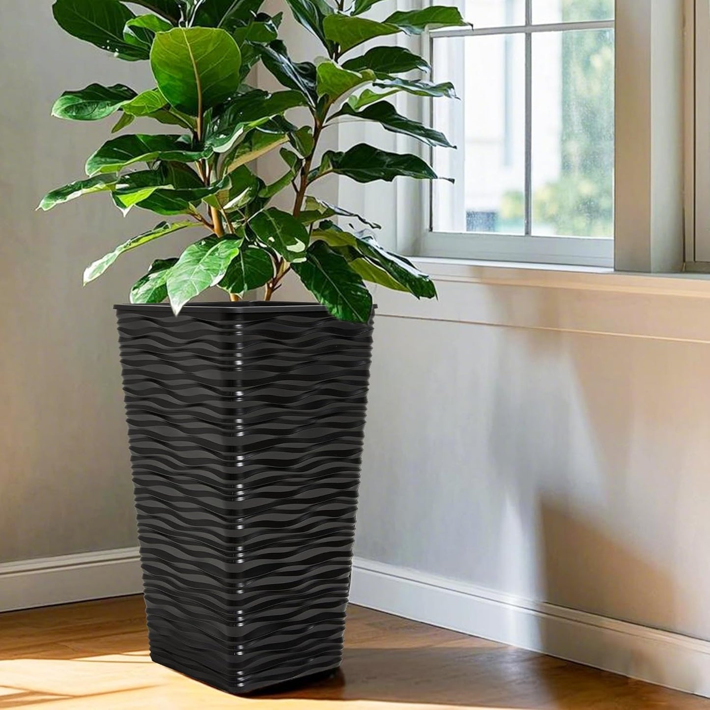 Worth Garden 2-Pack 22" H. Black Square Tapered Planter with Inside Pots - Plastic Plant Pots for