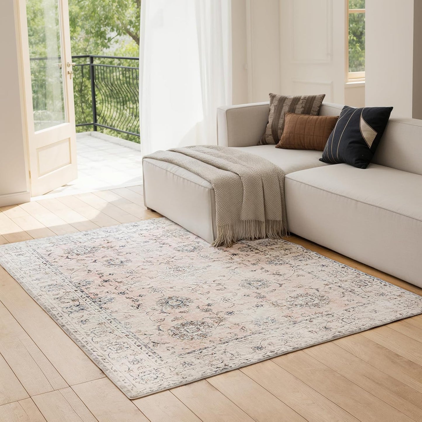5'x7' Vintage Floral Rug - Persian Inspired Low-Pile Faux Wool Area Rug, Non-Slip Washable Rug for