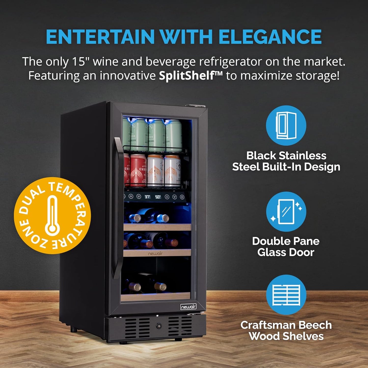 Newair 15" Wine and Beverage Refrigerator 9 Bottle and 48 Can Capacity, Beverage Cooler in