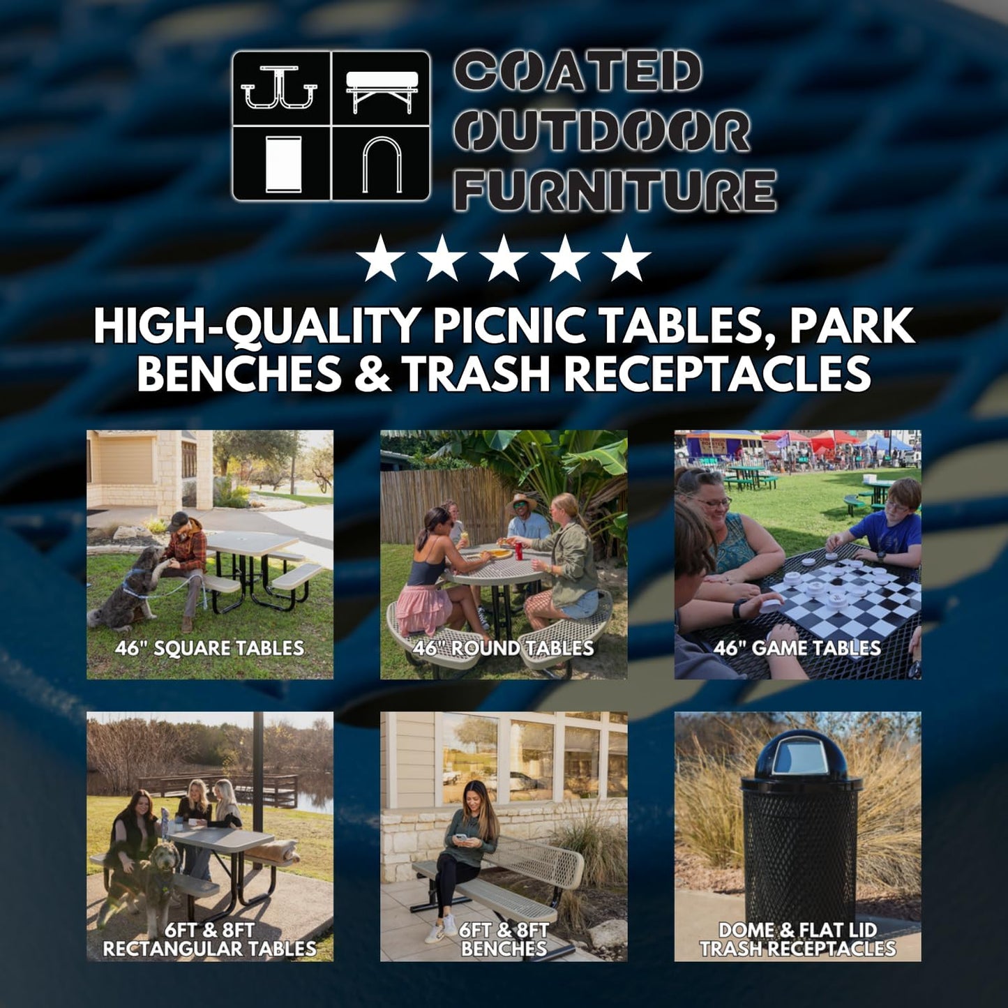 Coated Outdoor Furniture Heavy-Duty Portable Outdoor Picnic Table with Umbrella Hole, Punched Steel