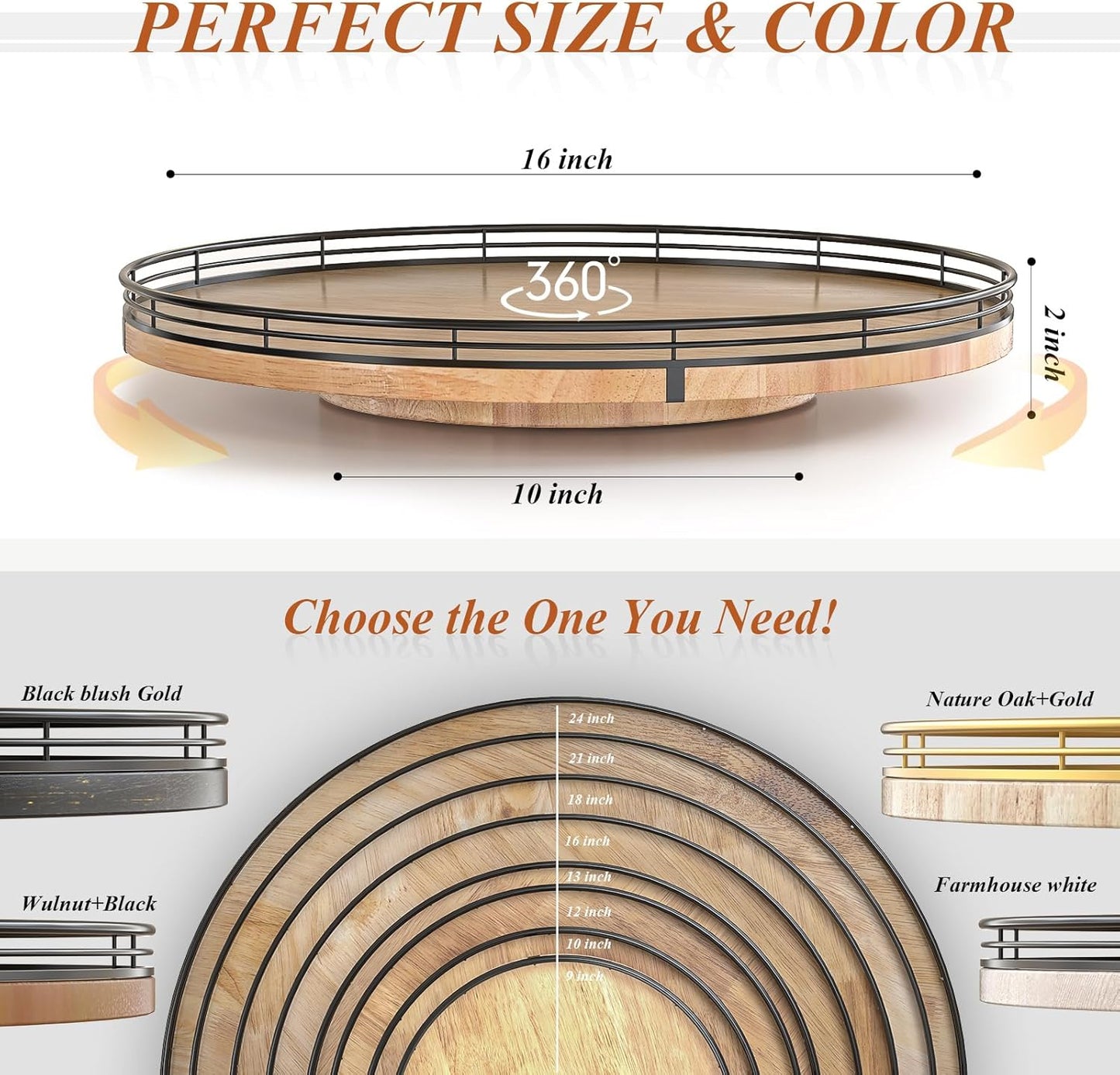 16" Lazy Susan Oak Wood Turntable Organizer for Cabinet, Farmhouse Round Wooden Large Lazy Susan
