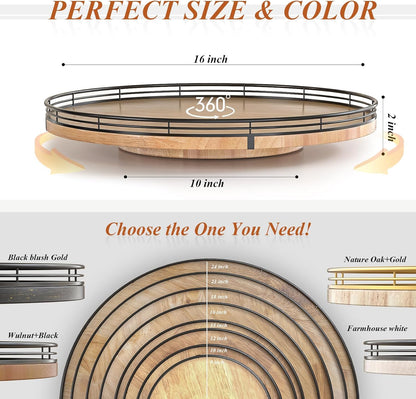 16" Lazy Susan Oak Wood Turntable Organizer for Cabinet, Farmhouse Round Wooden Large Lazy Susan
