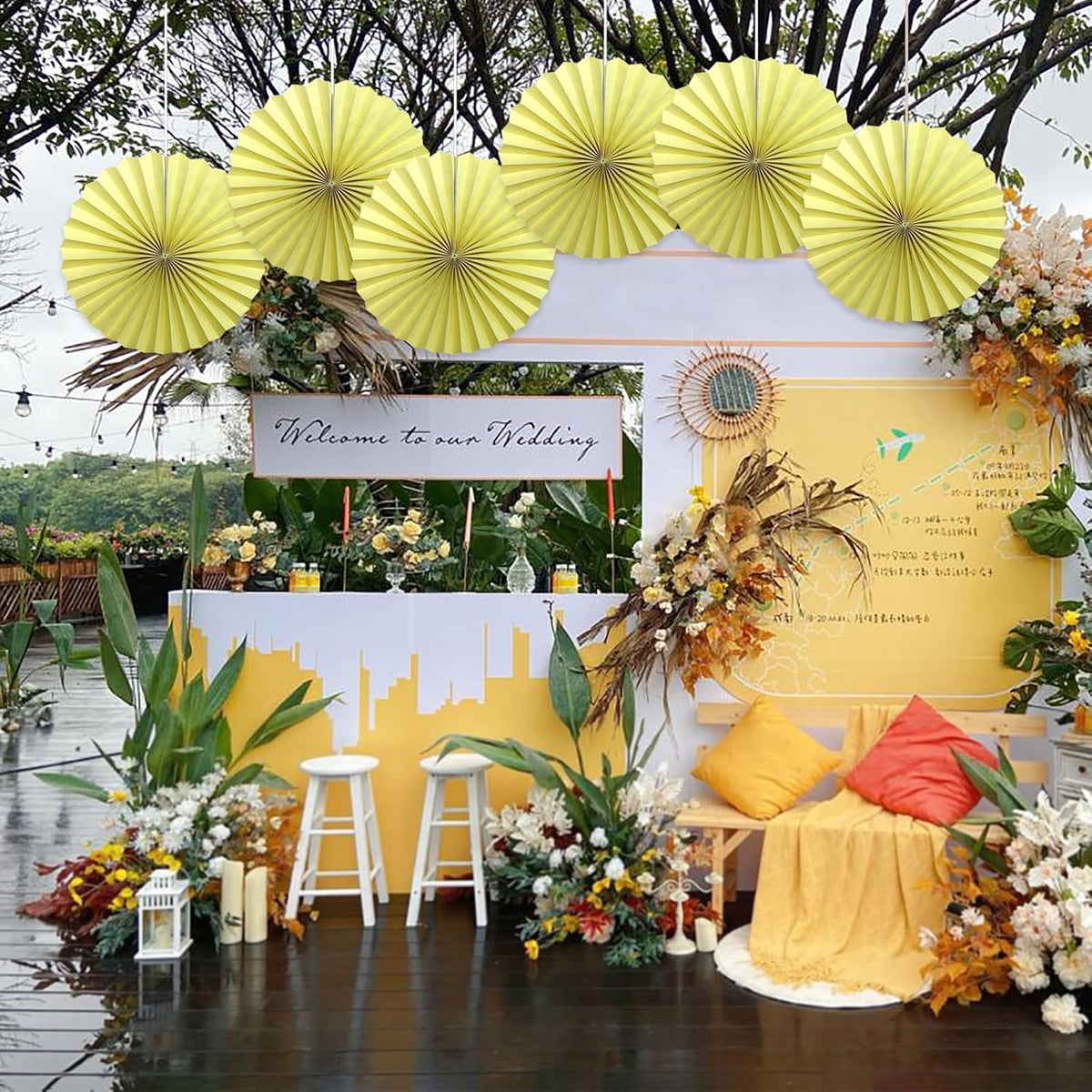 BARTHEW Yellow Hanging Paper Fans,Yellow Accessories Paper Decorations for Party,Color Party