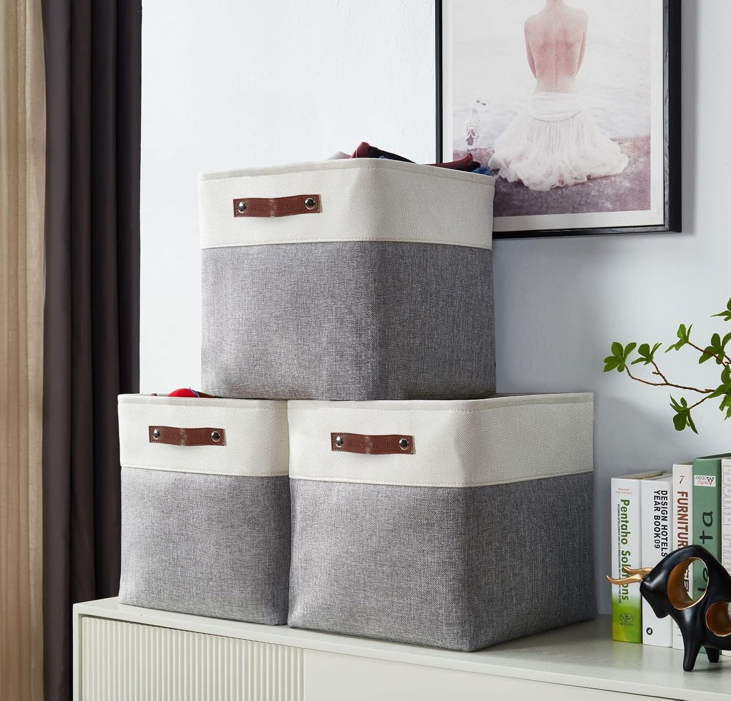 DECOMOMO Storage Cubes, 11x11 Cube Storage Bins, Baskets for Shelves (Grey & White, Cube 11" - 4