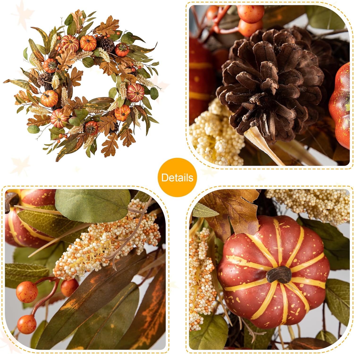 Glitzhome 24''D Fall Pumpkin Leaf Floral Wreath Decor, Artificial Harvest Door Wreath for Autumn or