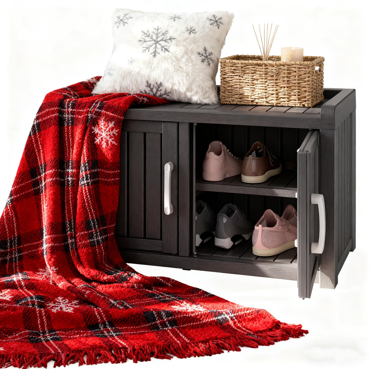 KAMABOKO Outdoor Shoe Storage Cabinet, Waterproof UV-Resistant Entryway Storage Bench Indoor
