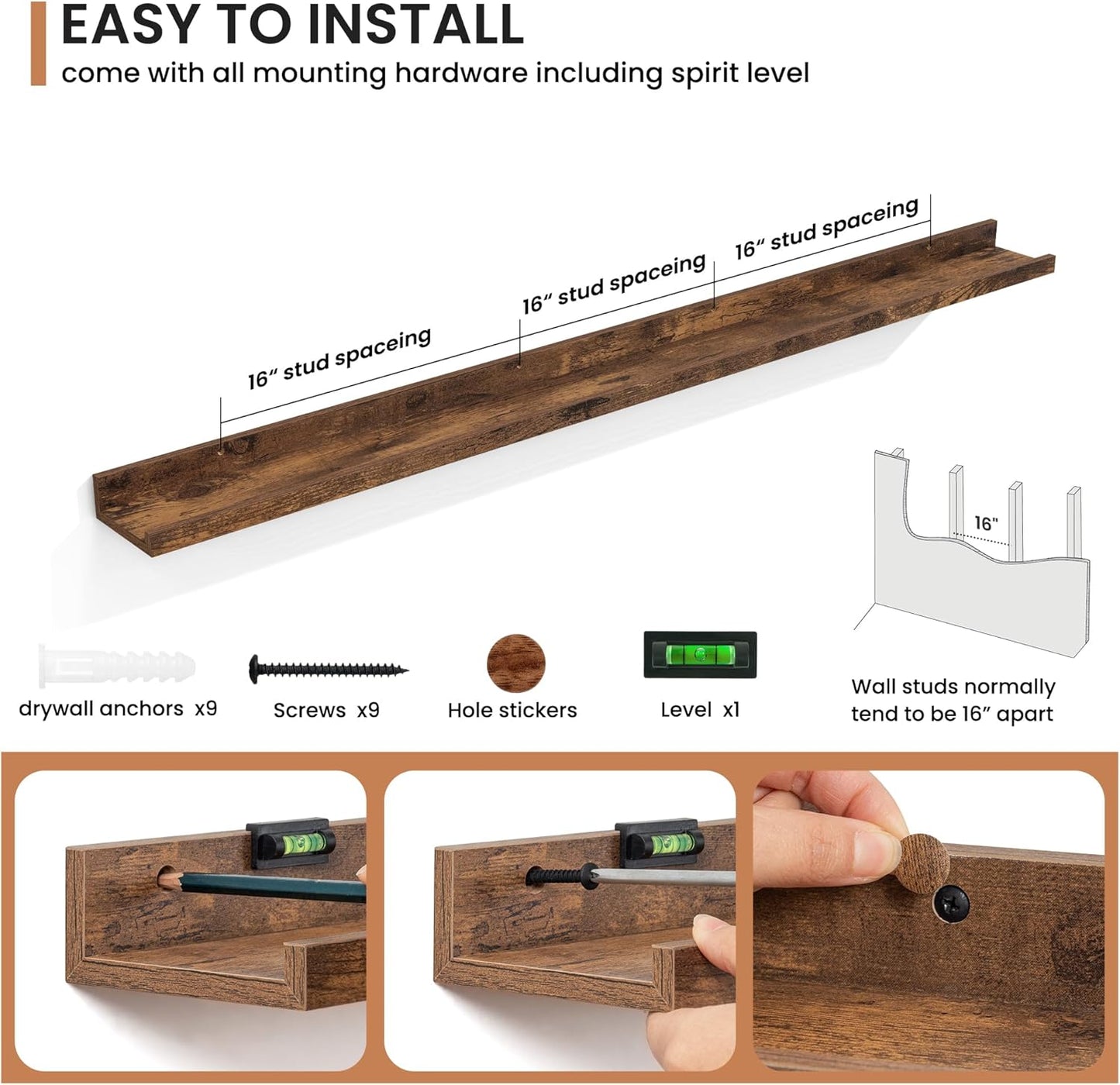 Fun Memories Picture Ledge Shelves Set of 2, 55 Inch Rustic Wall Mounted Floating Shelves with Lip