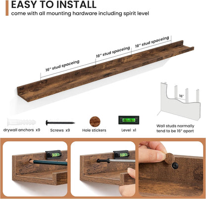 Fun Memories Picture Ledge Shelves Set of 2, 55 Inch Rustic Wall Mounted Floating Shelves with Lip