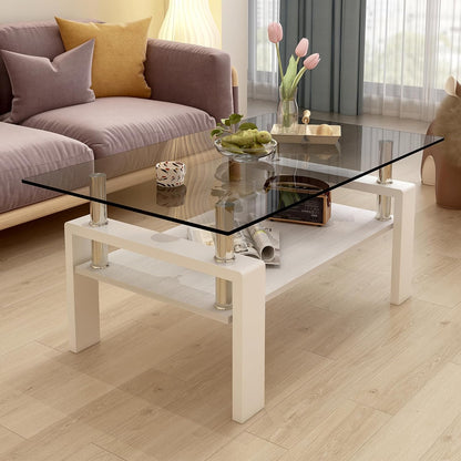 Glass Coffee Table Rectangle Living Room Center Table, with Gray Tempered Glass Tabletop and White
