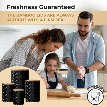 Pebble & Stem® Black Metal Canister Set for the Kitchen Counter, Food Canister Set of 4, Airtight