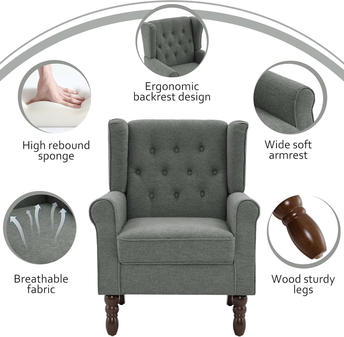 Lumibee High Back Accent Chair,Upholstered Wingback Armchair with Solid Wood Legs for Small