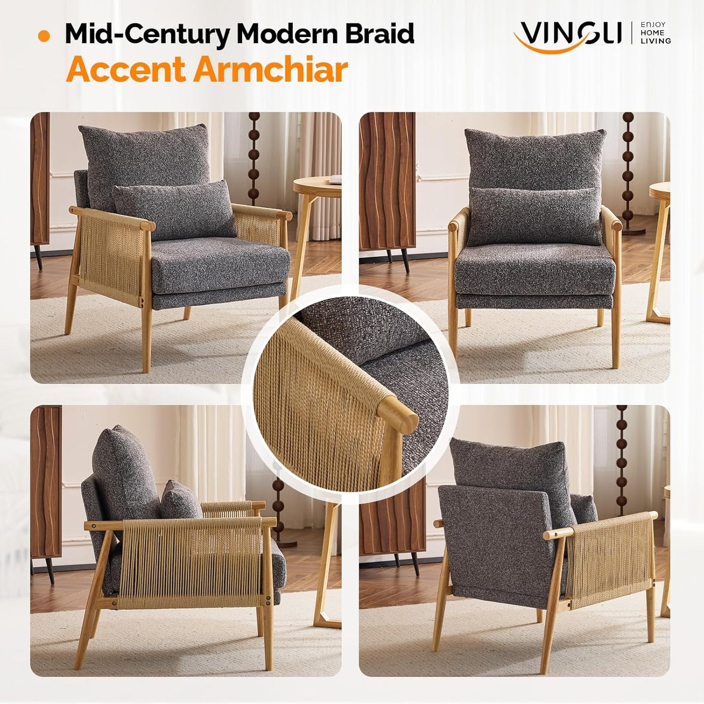 VINGLI Boho Braid Accent Armchairs Set of 2,Mid-Century Modern Chiars with Solid Wooden