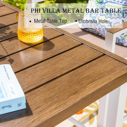 PHI VILLA Outdoor Bar Table, High Patio Table with Umbrella Hole, White Legs, Metal Frame, Sturdy &