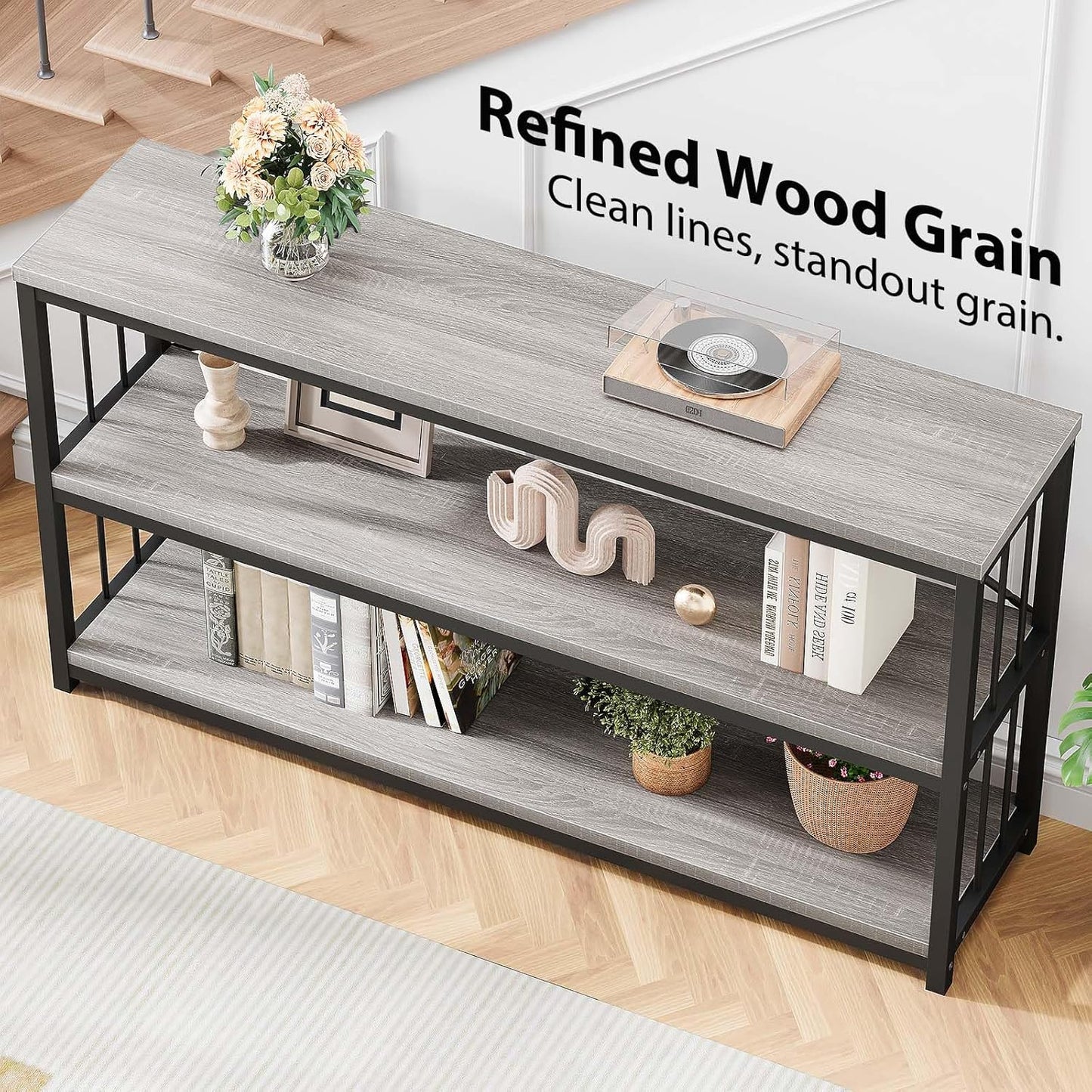 LVB Farmhouse Industrial Console Table, Wood Metal Foyer Entryway Sofa Tables with Storage, 3 Tier