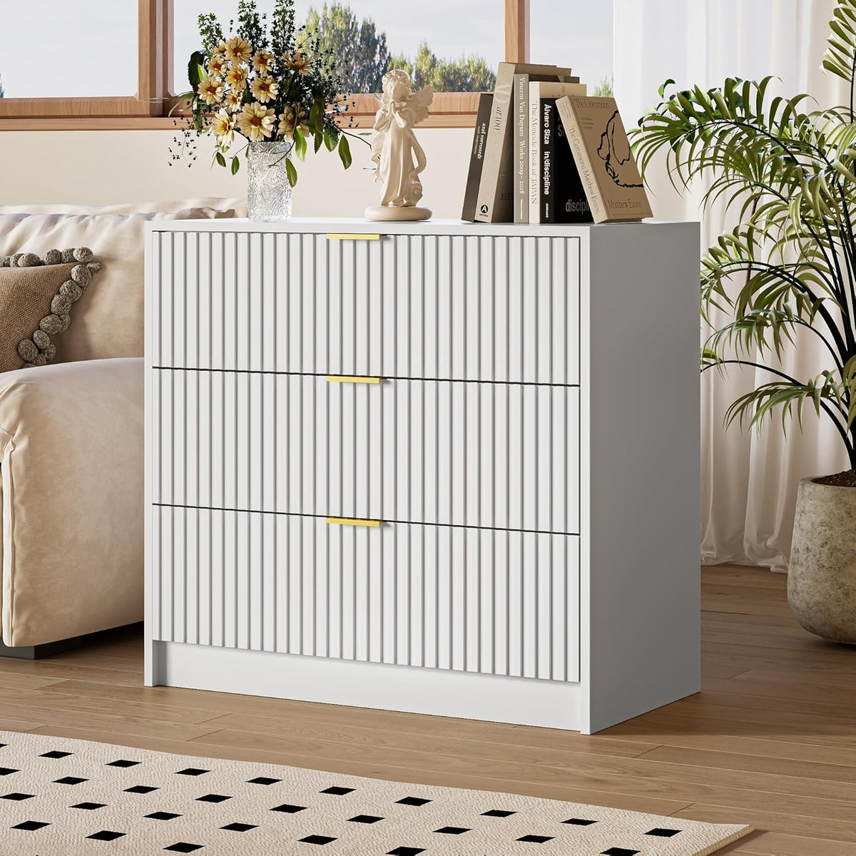 White Fluted Dresser for Bedroom, 32 Inch Wide Nightstand with Large Drawer, 3 Drawer End Table for
