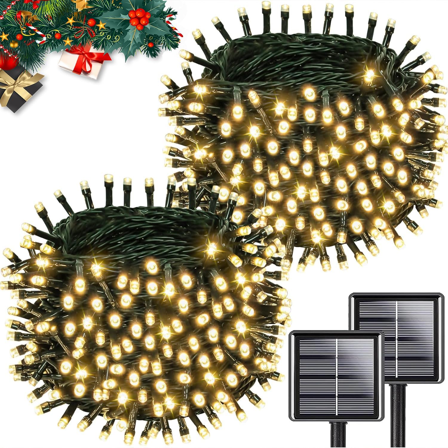Solar String Lights Outdoor Waterproof 2PK 200LED 66FT Twinkle Lights Auto On/Off Solar Powered LED