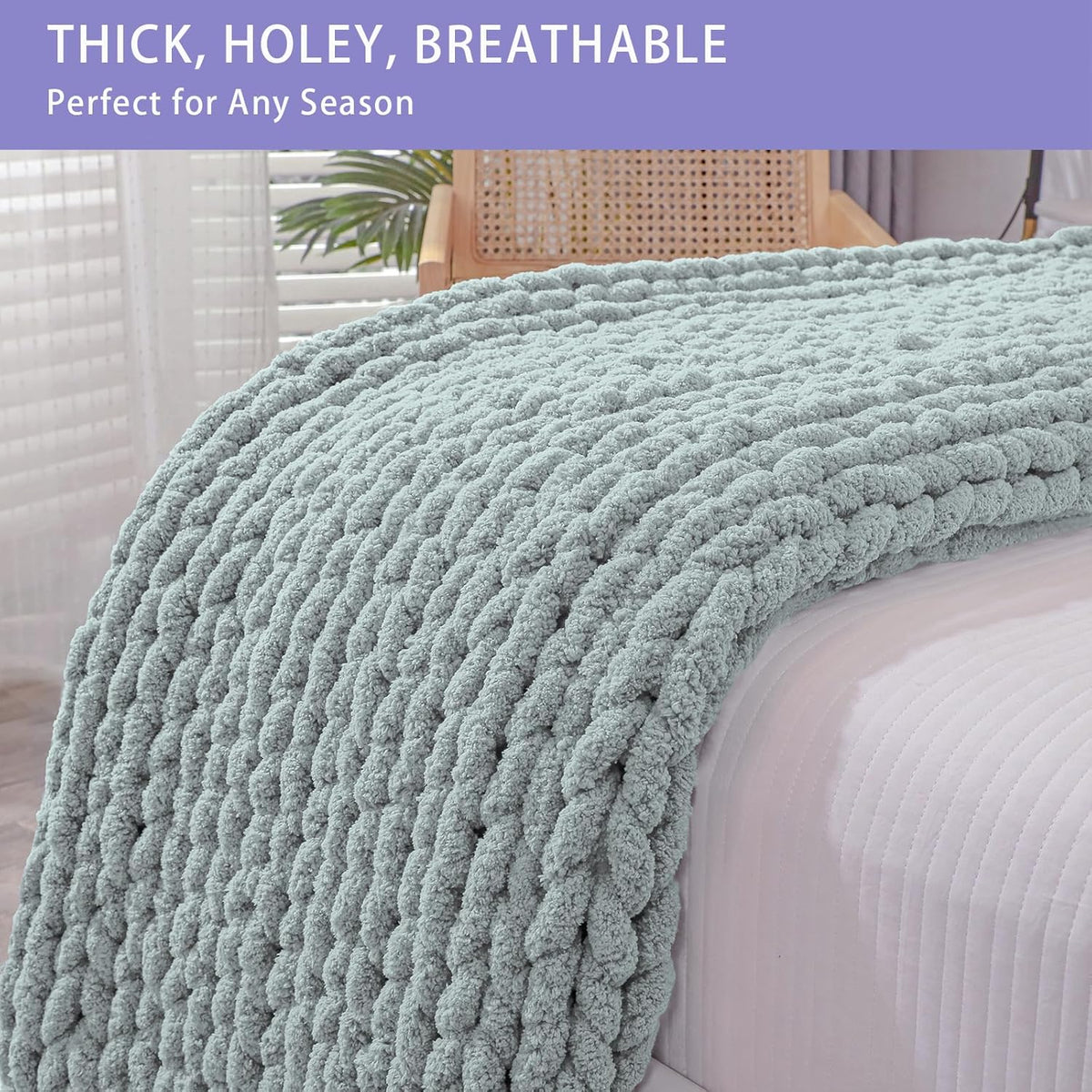 Bigacogo Chunky Knit Throw Blanket for Couch, 51x63 inches, 100% Hand Knitted with Thick Jumbo