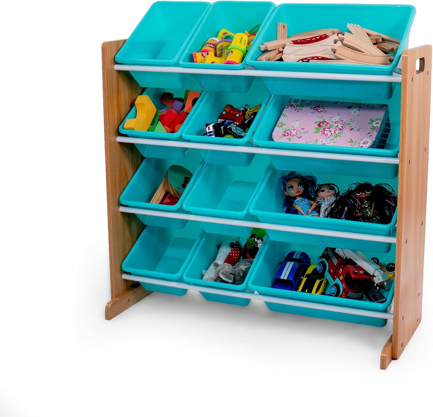 Humble Crew Kids Toy Storage Organizer with 12 Plastic Bins, Natural Wood/Aqua – Removable Bins for