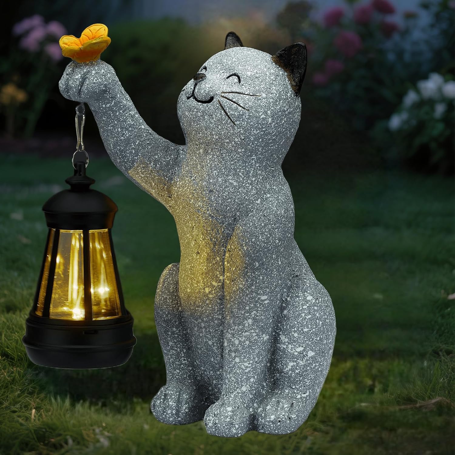 Solar Cat Garden Statue Outdoor Decor, Cat Sculpture with Lantern and Butterfly for Yard Lawn Patio