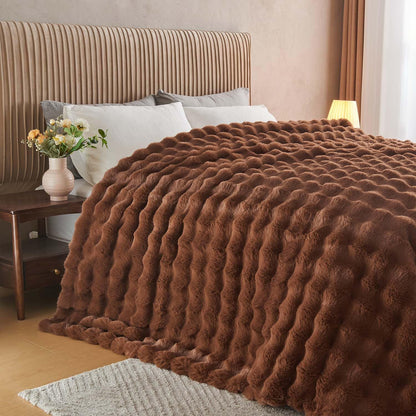 Lotus Karen Faux Fur Throw Blanket Dark Coffee - Big Bubble Rabbit Fluff Blanket for Couch Bed