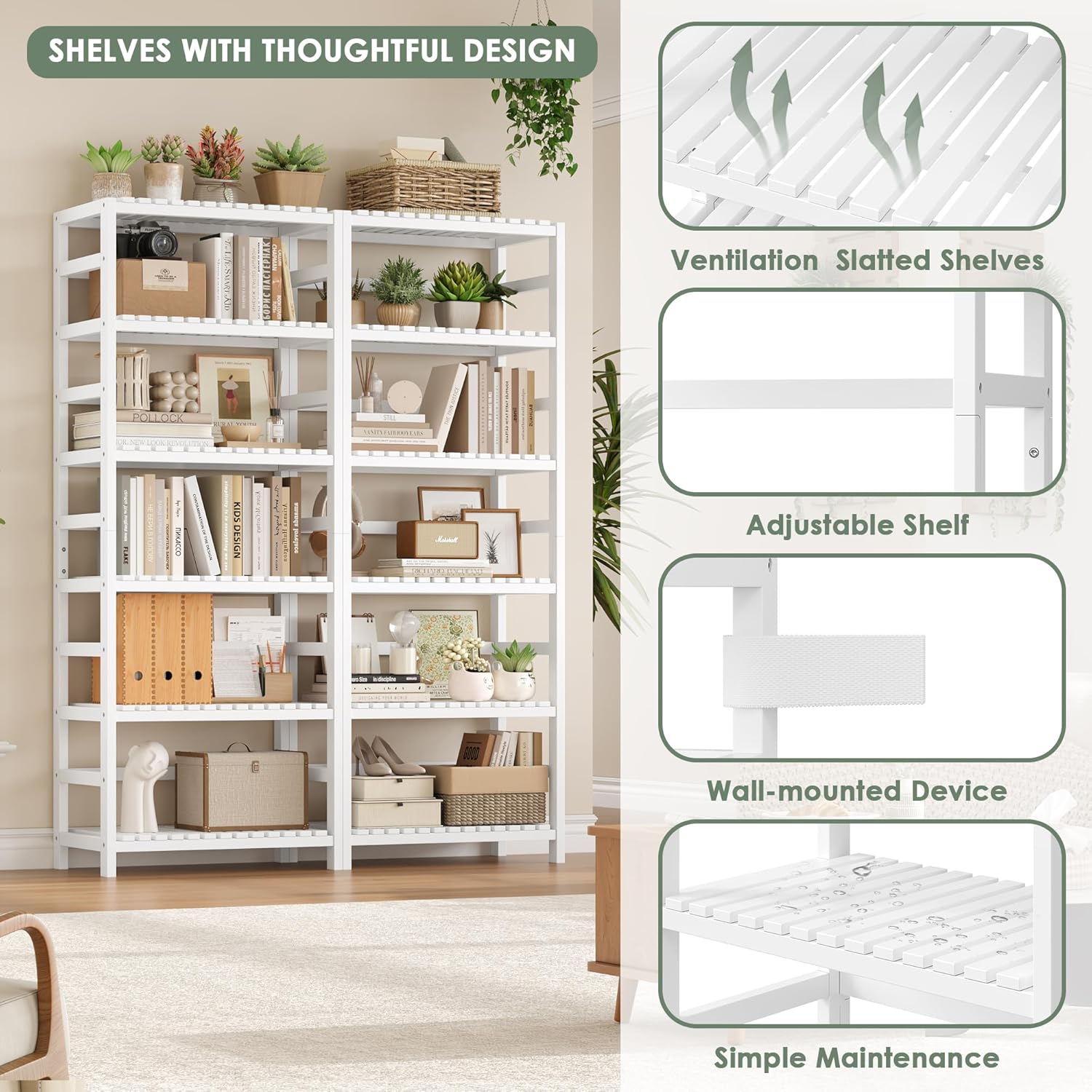 FOTOSOK 6-Tier Bamboo Shelf, Bamboo Bookcase with Adjustable Shelves, Free Standing Storage Shelf