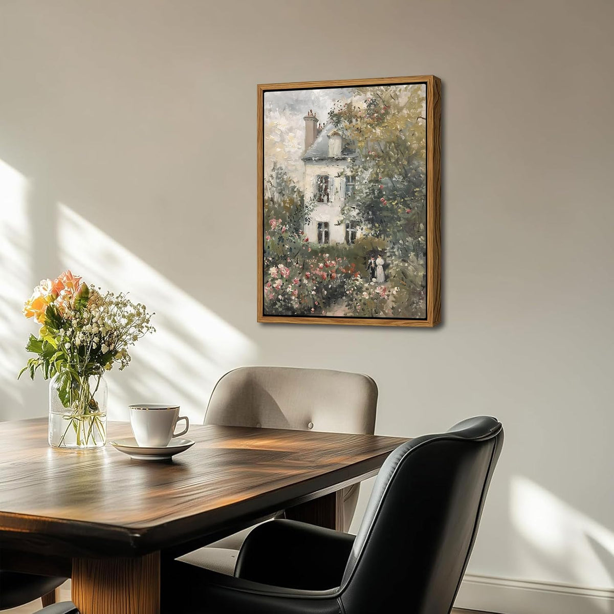 Floating Framed Canvas Vintage Wall Art, Neutral English Cottage Rose Garden Oil Paintings Print