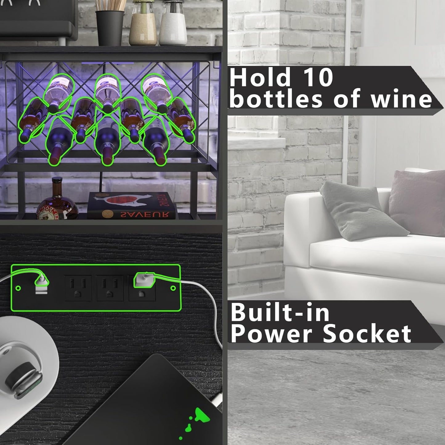 Wine Cabinet Coffee Table with Power Socket and LED Light, Three Tiers Coffee Bar Table Wine Rack