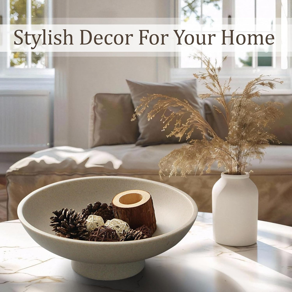 Modern Resin Pedestal Bowl – Large Fruit Bowl for Kitchen Counter, Catch All Tray for Entryway