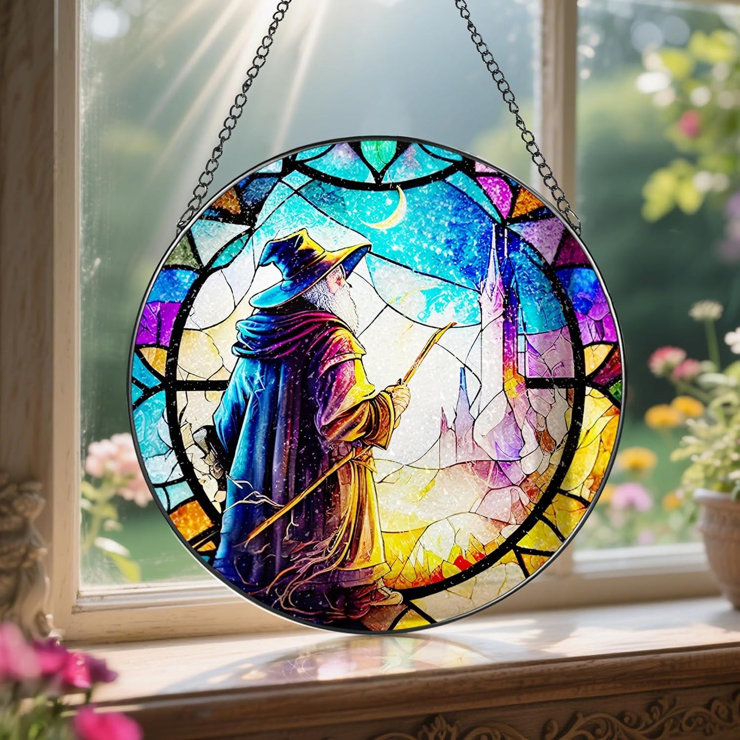 Stained Glass Window Hanging, LAOWEIKI 8'' Witch Suncatcher, Stained Glass Ornament, Suncatchers