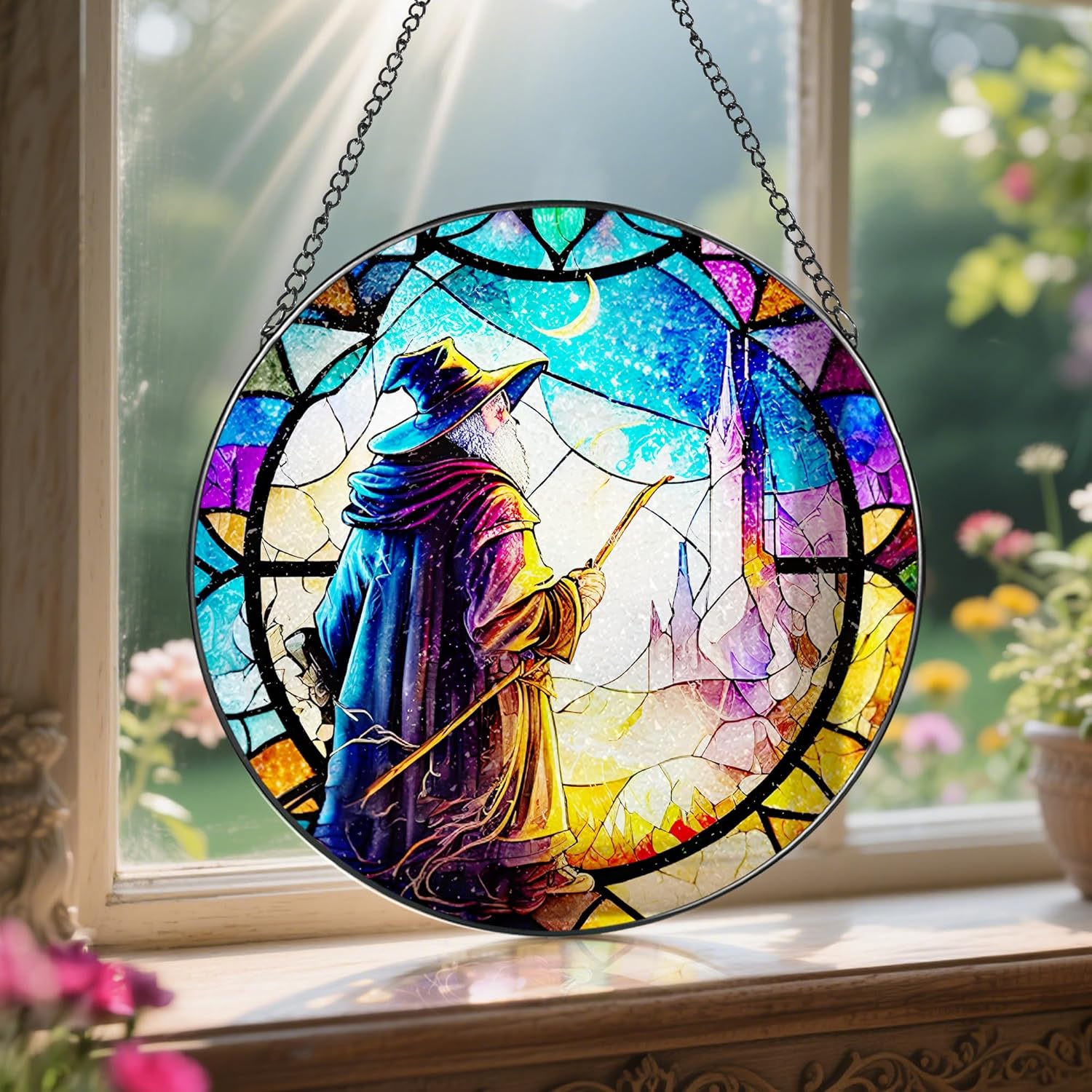 Stained Glass Window Hanging, LAOWEIKI 8'' Witch Suncatcher, Stained Glass Ornament, Suncatchers